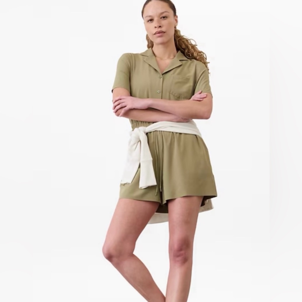 Nwt Athleta | Avenue Romper In Olive Branch Short Sleeves With Pockets Sz. Xl
